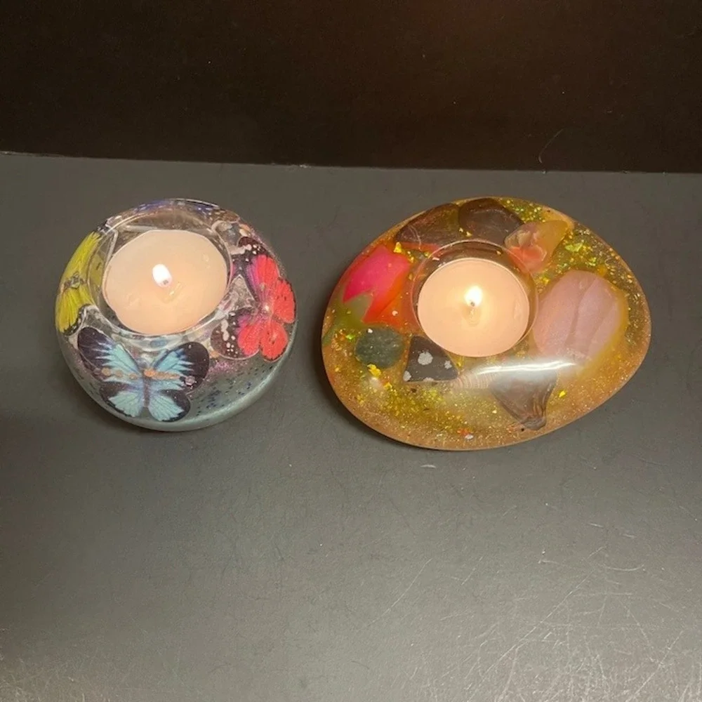 Two Handcrafted Tea Light Candle Holders‎ Butterflies Flowers Shells